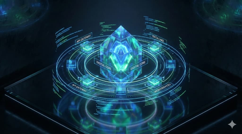 Arquitectura Digital Empresarial: Núcleo tecnológico con integración de servicios y datos